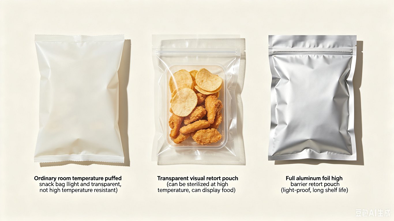 Side-by-side comparison of normal temperature plastic bag, transparent retort pouch and full aluminum foil high barrier food packaging bags for heat-processed snacks