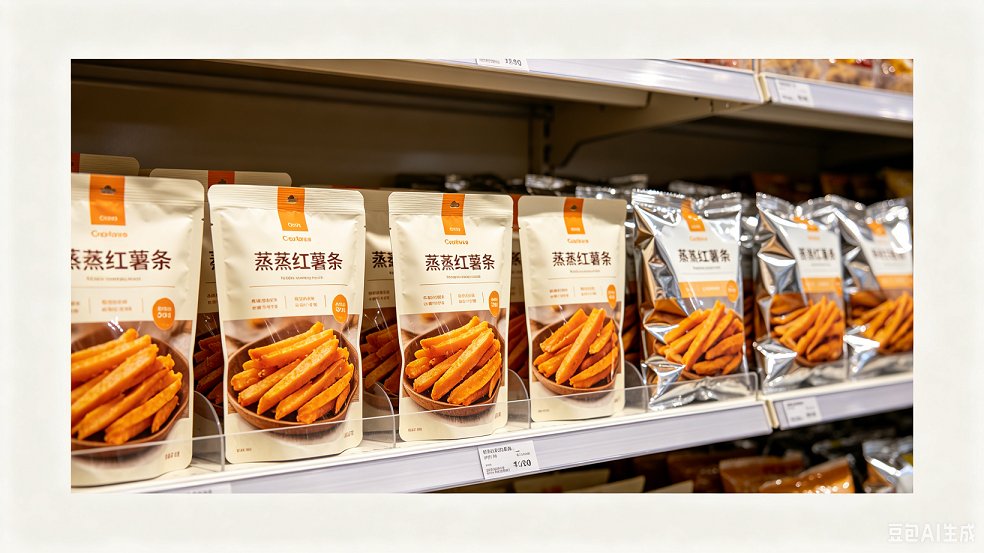 Supermarket retail shelf display of steamed sweet potato strips, various custom printed retort food packaging bags for dried snack food