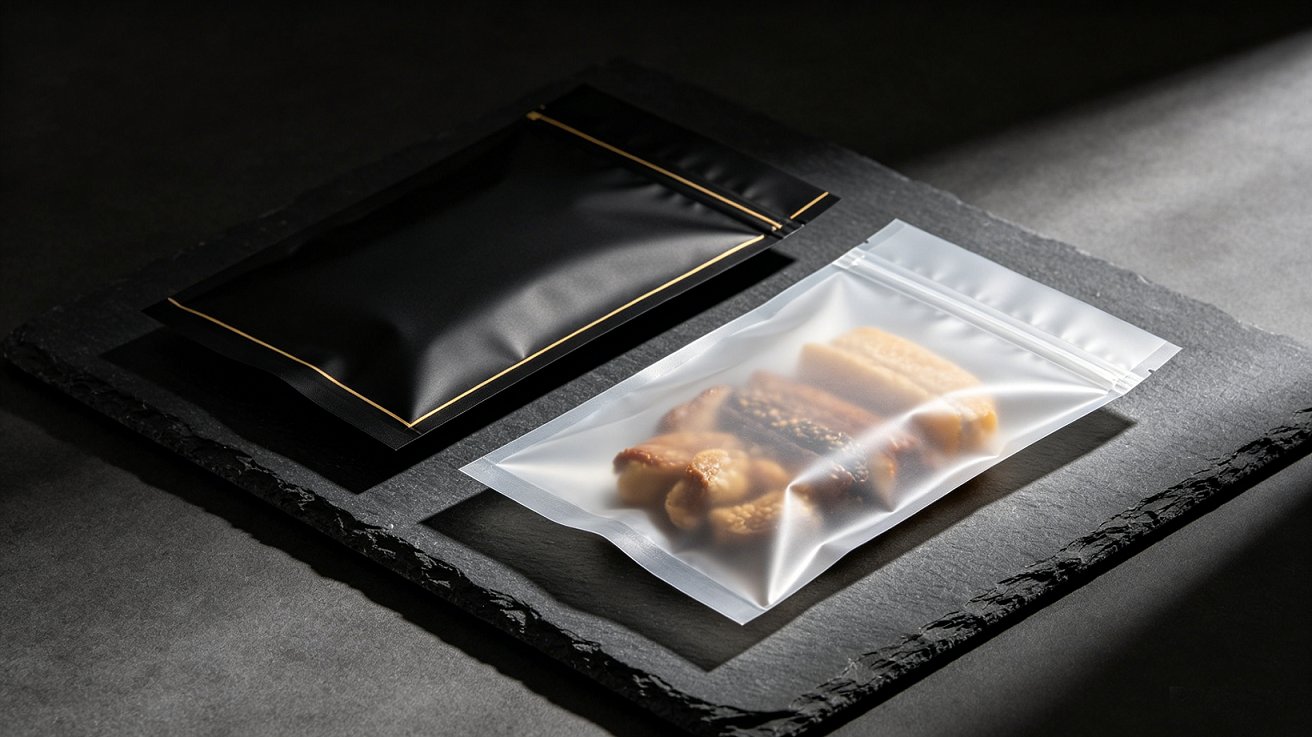 Black foil retort bag and transparent vacuum retort pouch, high temperature resistant food packaging real photography