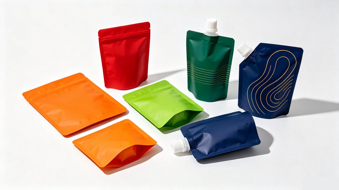Colorful assorted retort pouches, stand up retort bags and spout retort bags for sauce pet food packaging