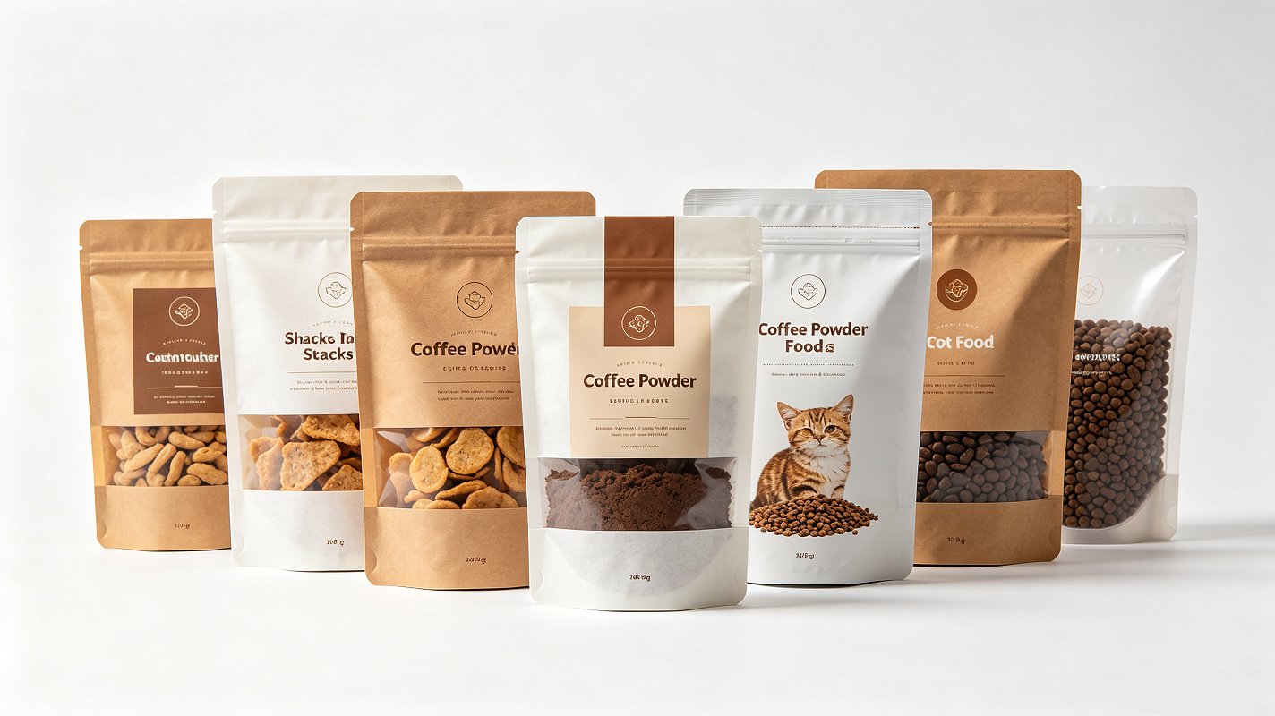 Custom printed stand up pouches for food and pet food retail packaging