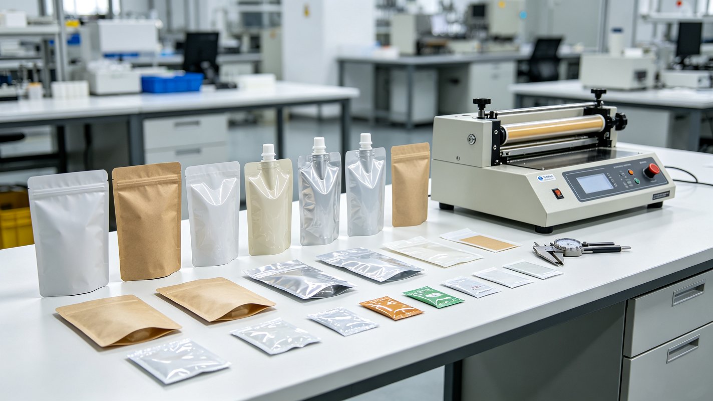 Custom pouch style packaging sample making and quality inspection in Huakang factory